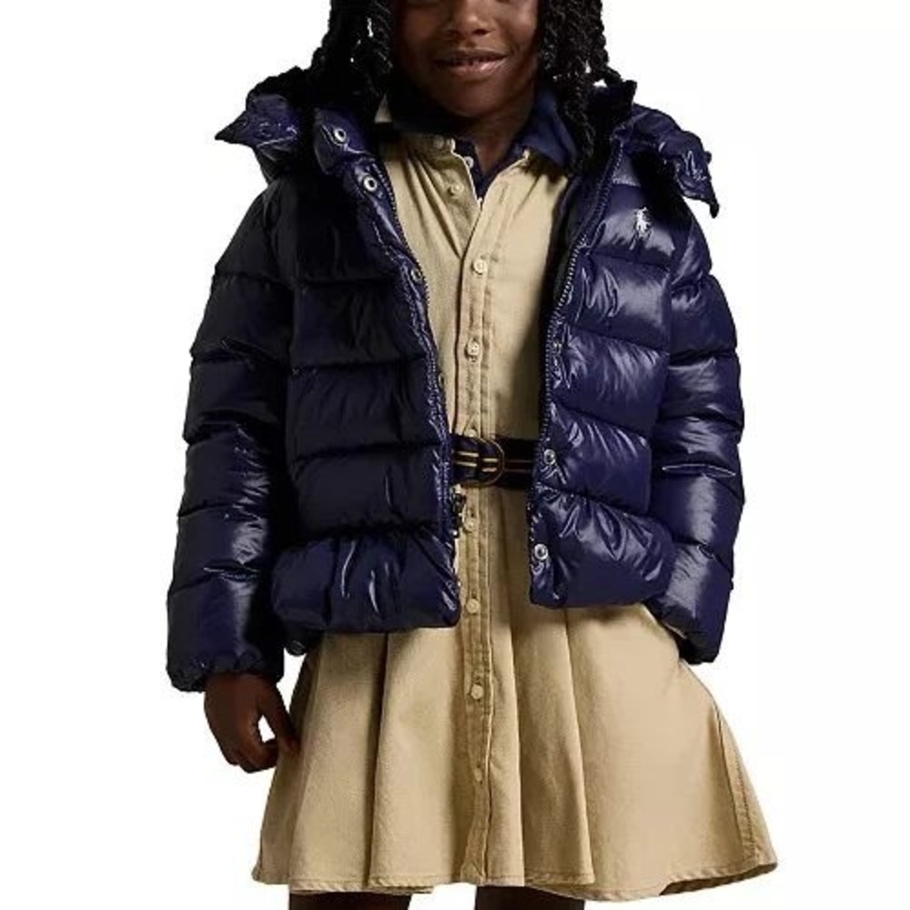 Girls Ralph Lauren Navy Peplum Hooded Down Puffer Winter Jacket Coat Size 3 $185